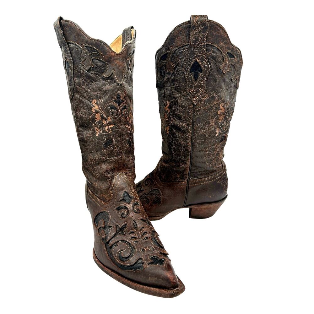 Corral Vintage Women Embroidered Brown leather Western Boots Sz 11 snipe toe
